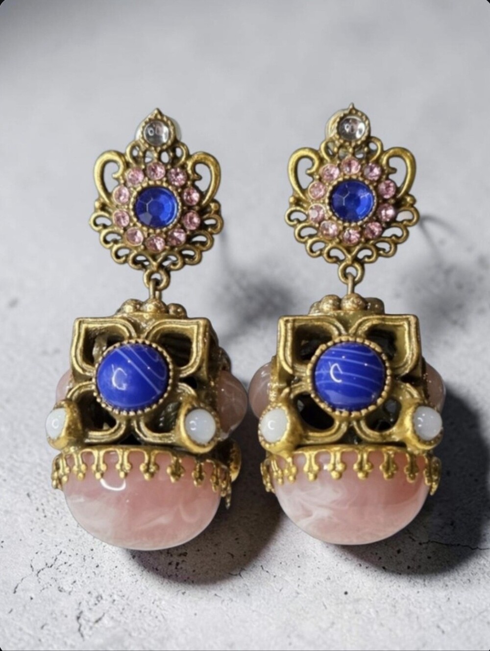 18k Matte Gold Plated Chunky Lapis Lazuli Rose Cabochon Dangle Earrings